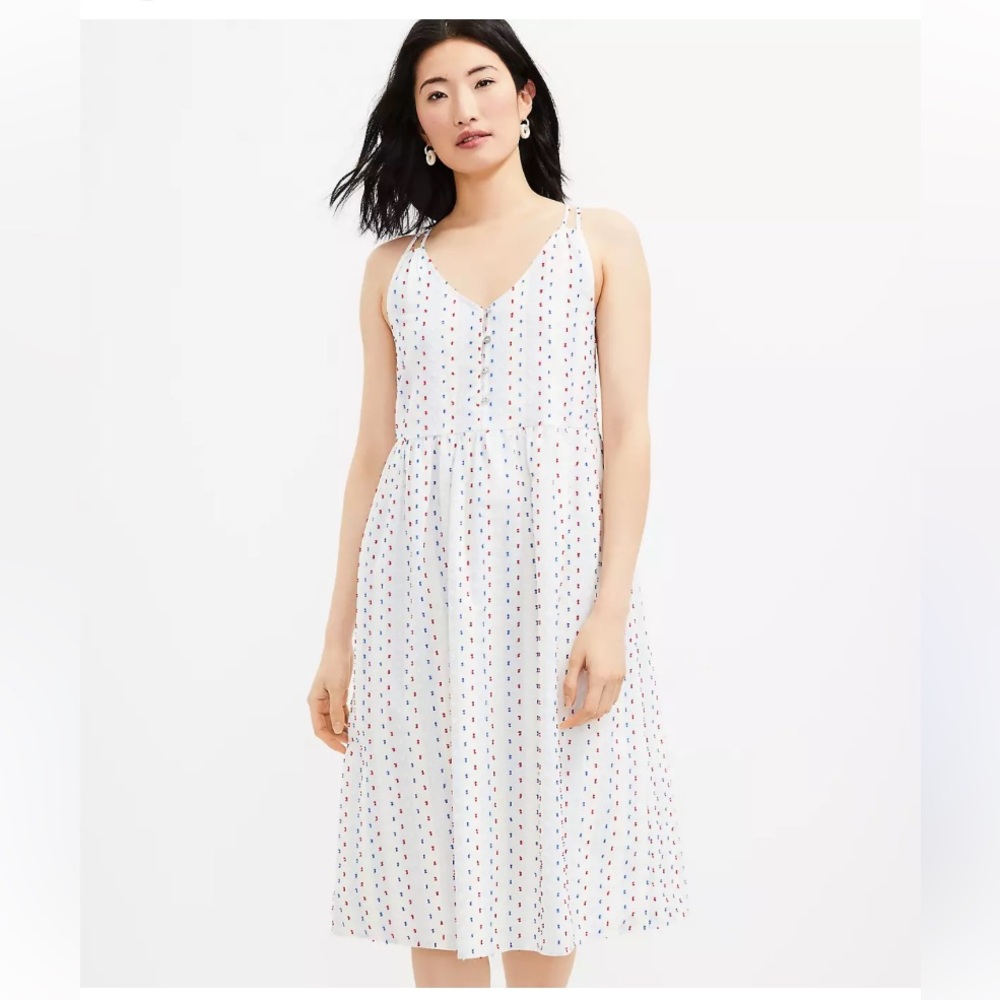 Loft Maxi Dress White Blue Stripe Red Polka Dot Patriotic Swiss Dot